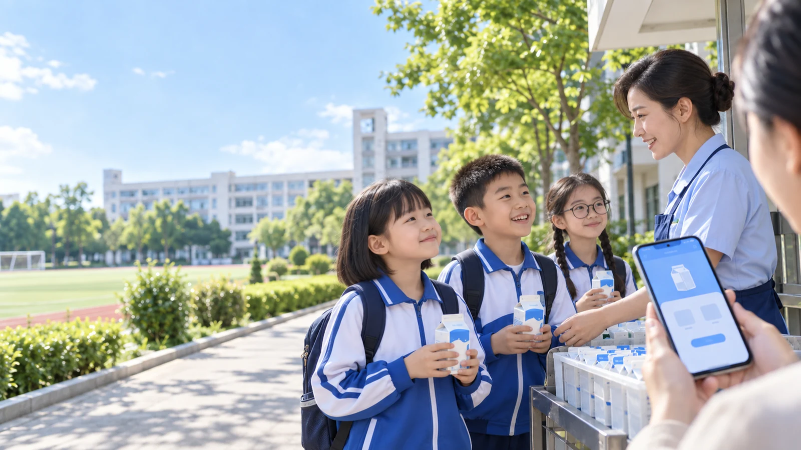 奶团团校园订奶概念图:学校老师为学生发放牛奶,家长通过手机线上订购